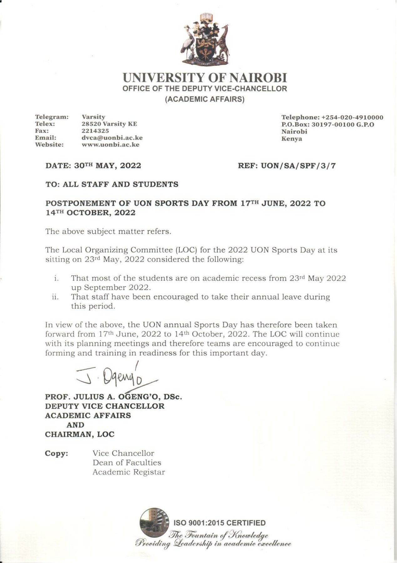 postponement of UON sports day